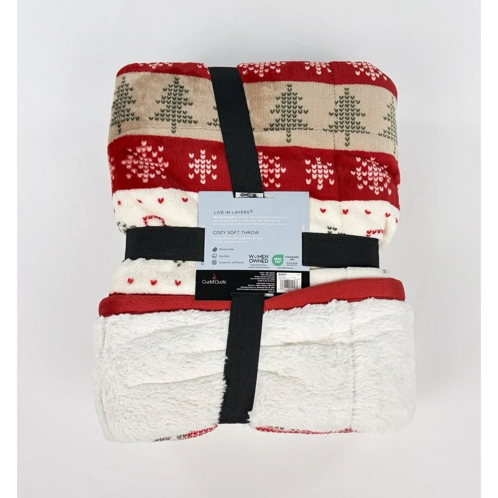 Cuddl Duds Holiday Red Truck Tree Throw Blanket Reversible Cream Red 50x60